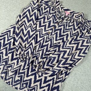Lilly Pulitzer Elsa Top Womens Large Blue 100% Silk Chevron Print‎ Long Sleeve